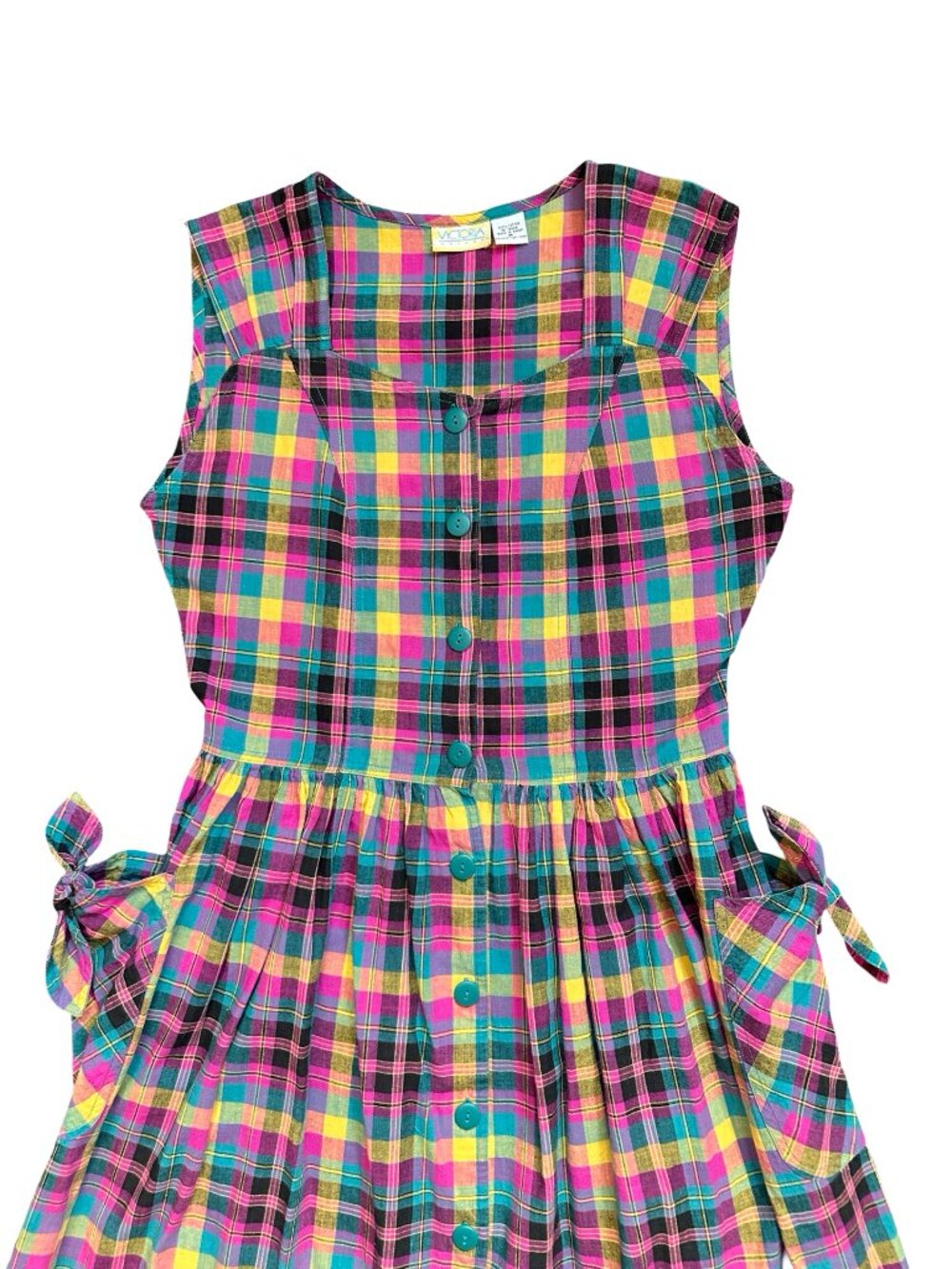 Vintage Multicolor Black Pink Plaid W's M 100% Cotton Button Front Dress Pockets - Picture 2 of 12
